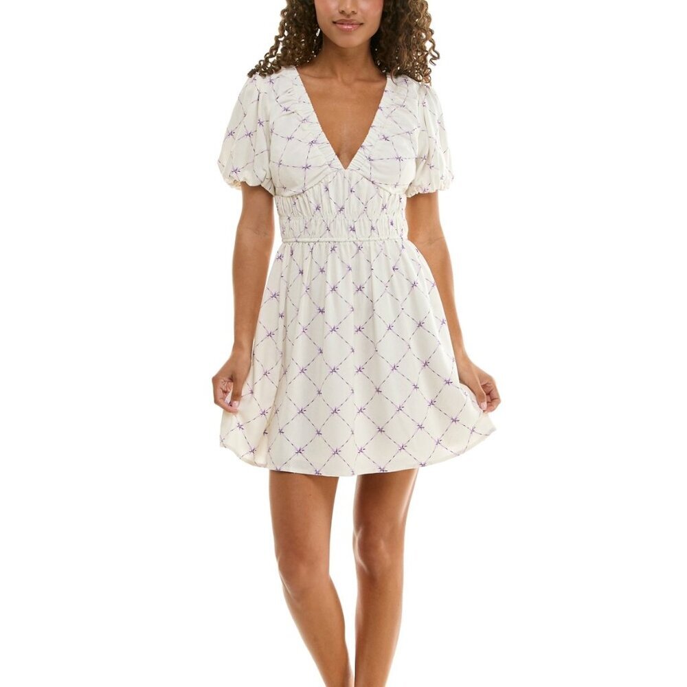 Trixxi Puff-Sleeve Surplice Ruched Fit & Flare Dress White/Purple Print NWT M